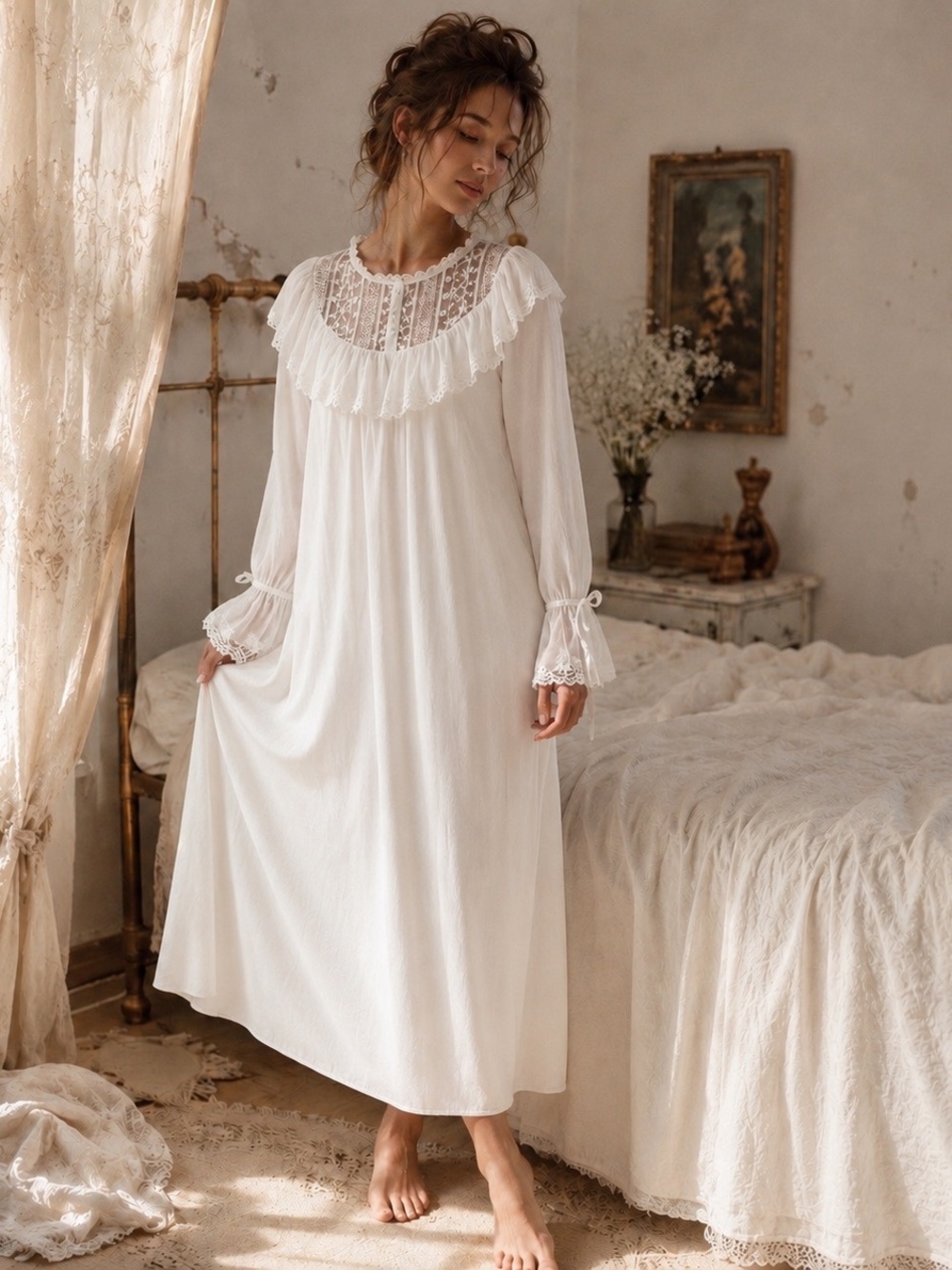 MUCARLAR Romantic Cottagecore Lace Mesh Nightgown Dress Sheer Embroidered Midi